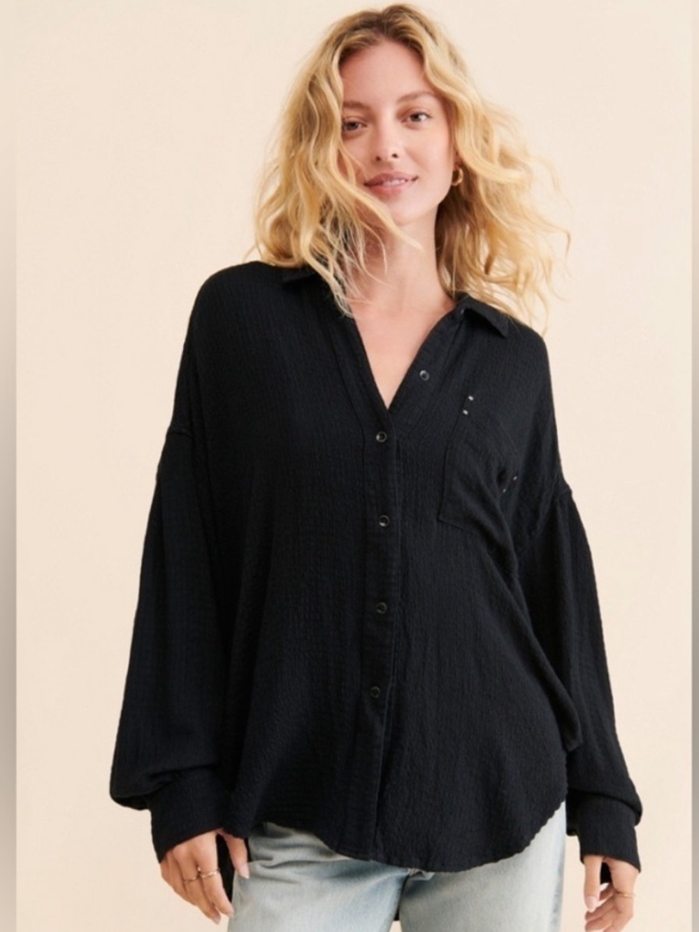 We The Free Black Textured Button-Down Shirt Oversized Small